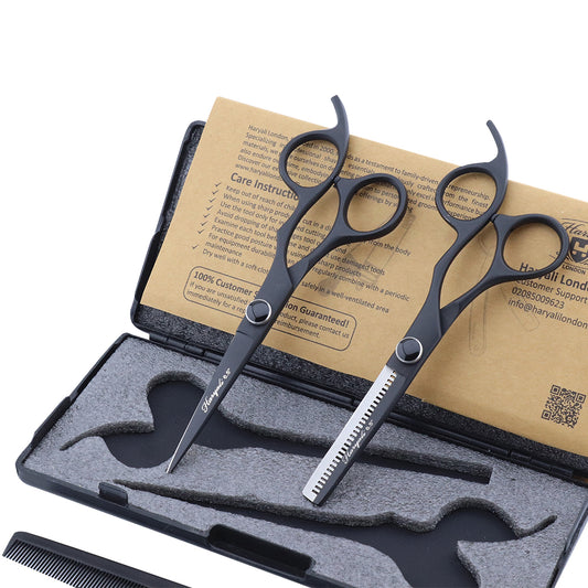 Zwarte 6,5" kappersschaar & effileerschaar set met vaste vingerhaak