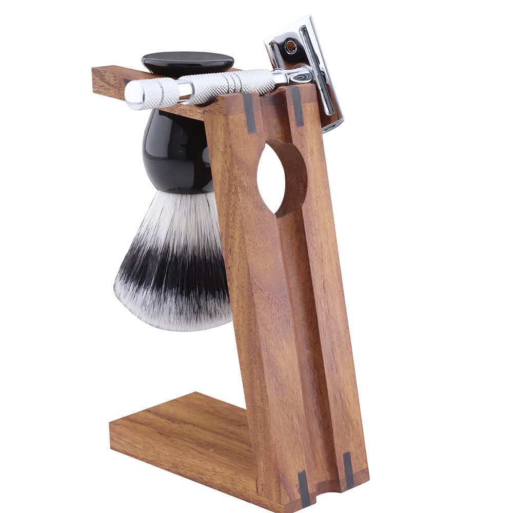Elegante Houten Dubbele Houder voor Scheerkwast & Scheermes