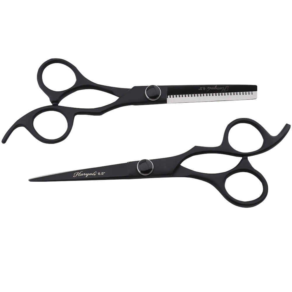 Zwarte 6,5" kappersschaar & effileerschaar set met vaste vingerhaak