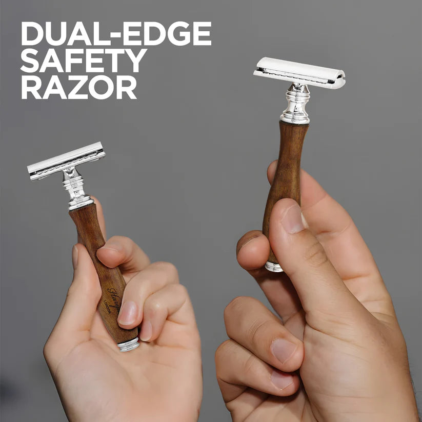 OBH Double Edge Safety Razor in Black, Ivory & Wood Handles