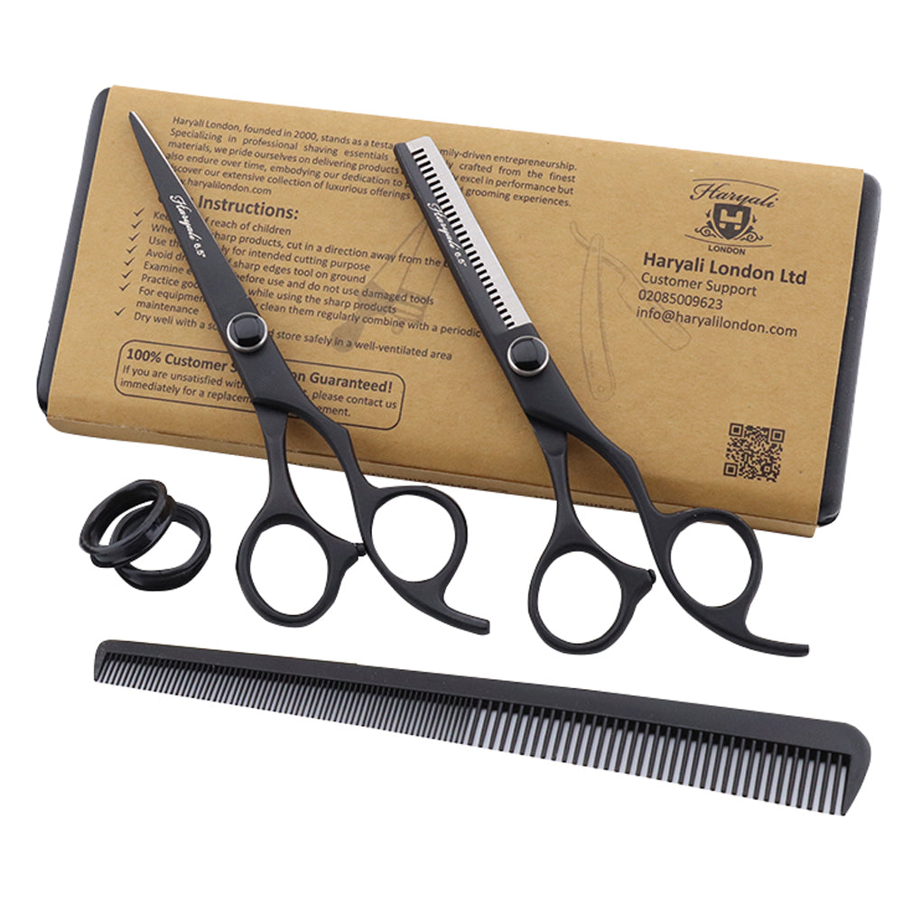 Zwarte 6,5" kappersschaar & effileerschaar set met vaste vingerhaak