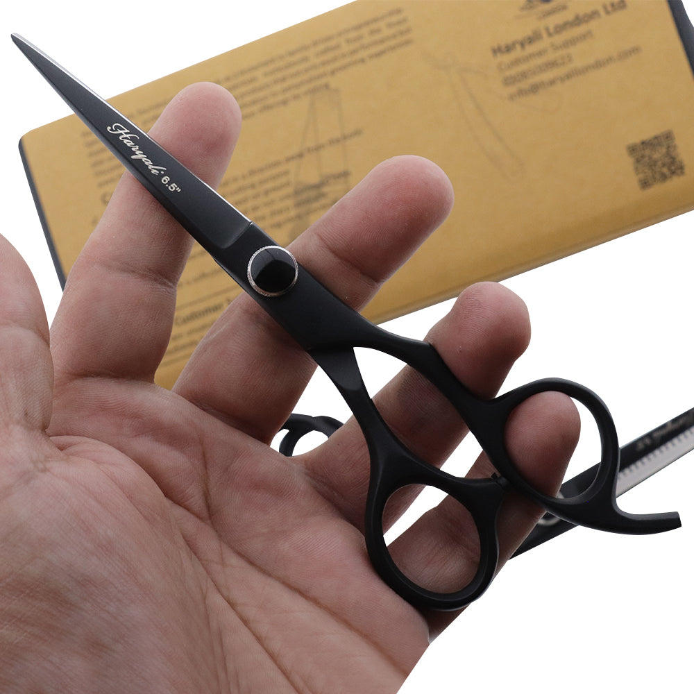 Zwarte 6,5" kappersschaar & effileerschaar set met vaste vingerhaak