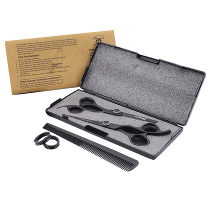 Zwarte 6,5" kappersschaar & effileerschaar set met vaste vingerhaak