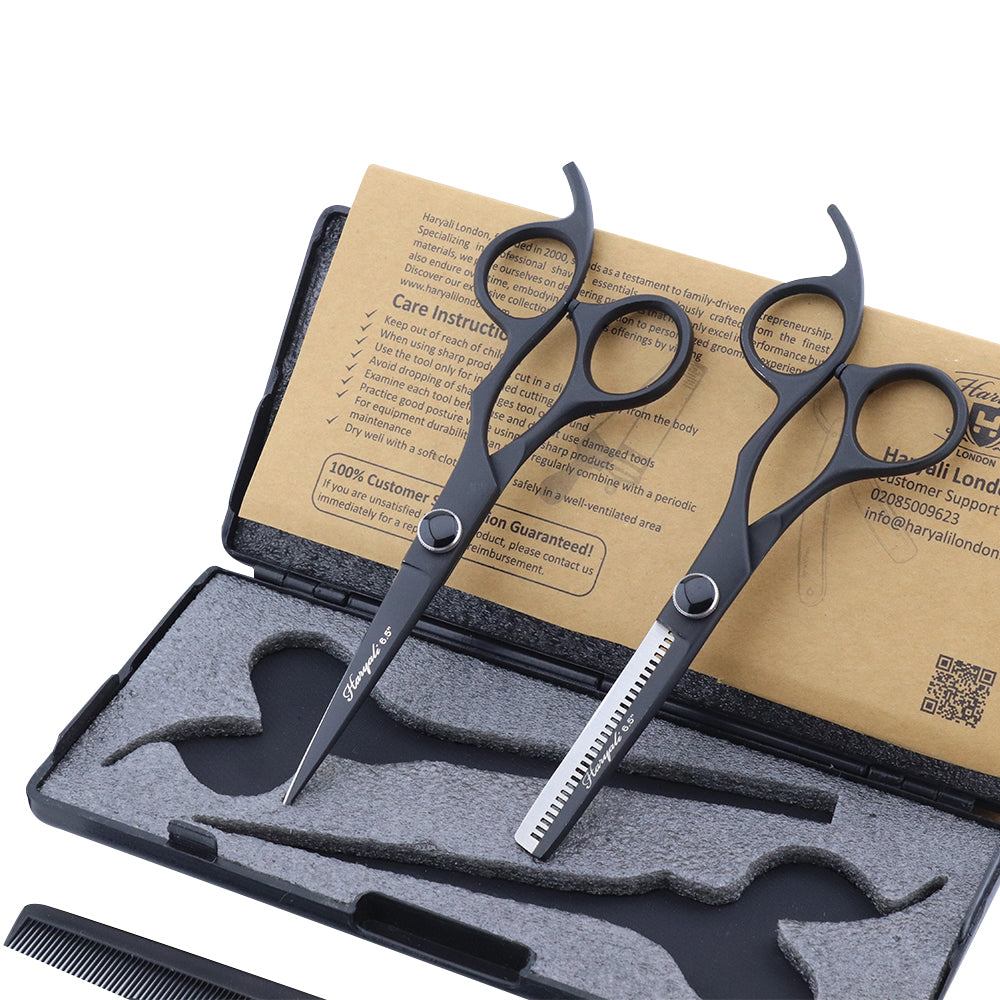 Zwarte 6,5" kappersschaar & effileerschaar set met vaste vingerhaak