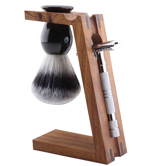 Elegante Houten Dubbele Houder voor Scheerkwast & Scheermes