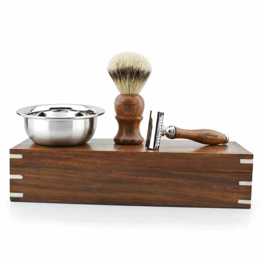 Houten geschenkset met scheerbenodigdheden voor heren
