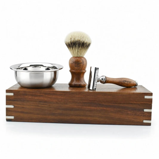 Houten geschenkset met scheerbenodigdheden voor heren