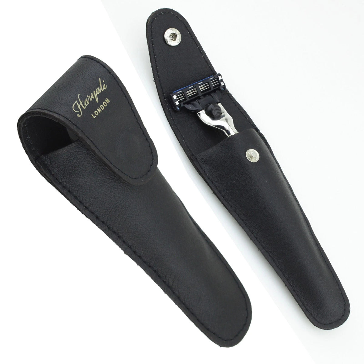 Black Leather Razor Pouch Travel Case for 5 Blade Razors - HARYALI LONDON